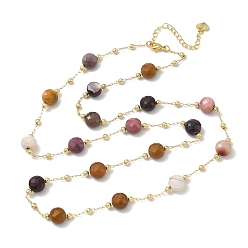Mookaite Natural Mookaite Faceted Flat Round Beaded Chain Necklaces with Matte Brass Beads, 304 Stainless Steel Jewelry for Women, Golden, Long-Lasting Plated, 25.16 inch(63.9cm)
