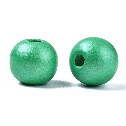 Medium Sea Green Painted Natural Wood Beads, Pearlized, Round, Medium Sea Green, 10x8.5mm, Hole: 3mm