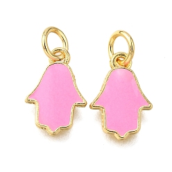 Бледно-Розовый Латунь эмаль прелести, с целью перехода в кольце, хамса рука/рука мириам очарование, стойки покрытие, без кадмия и без свинца, долговечный, золотые, розовый жемчуг, 13x8.5x1 мм, отверстие : 3 мм