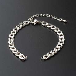 Stainless Steel Color 304 Stainless Steel Cuban Link Chain Bracelet, with 304 Stainless Steel Jump Rings, with Brass Chain Extender, Stainless Steel Color, 6-1/2 inch(16.5cm)