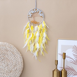 Yellow Tree of Life Natural Howlite Chips Woven Web/Net with Feather Decorations, for Home Bedroom Hanging Decorations, Yellow, 160mm