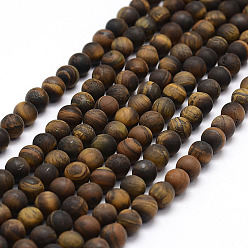 Tiger Eye Frosted Natural Tiger Eye Beads Strands, Round, 6mm, Hole: 0.8mm, about 64pcs/strand, 15.1 inch