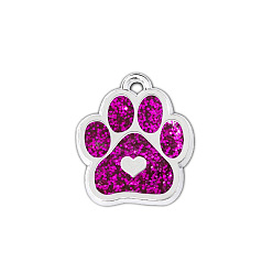 Magenta Enamel Pendants, with Platinum Plated Alloy Findings and Glitter Powder, Dog Paw Prints with Heart, Magenta, 18.8x16.5x2.2mm, Hole: 1.5mm