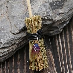 Gold Mini Witch Wiccan Altar Broom with Dyed Natural Crystal  Wand, Halloween Healing Wiccan Ritual Decor, Gold, 150x25mm