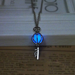Blue Opened Hollow Alloy Luminous Pendant Necklace, Key, Blue, 8.27~19.69 inch(21~50cm)