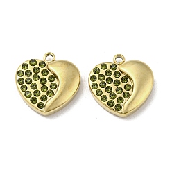 Olivine Real 14K Gold Plated 304 Stainless Steel Charms, with Rhinestone, Heart, Olivine, 13.5x13x3mm, Hole: 1.4mm
