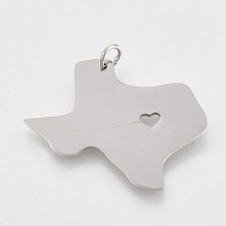 Stainless Steel Color 201 Stainless Steel Pendants, Map of Texas, Stainless Steel Color, 26x31x1mm, Hole: 3mm