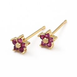 Medium Violet Red Cubic Zirconia Flower Stud Earrings, Real 18K Gold Plated Brass Jewelry for Women, Cadmium Free & Lead Free, Medium Violet Red, 15x5x5mm, Pin: 0.7mm