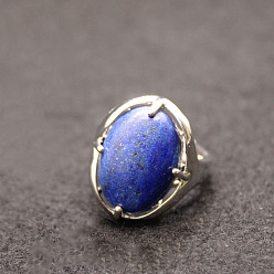Lapis Lazuli Oval Natural Lapis Lazuli Adjustable Ring, Platinum Alloy Jewelry for Women, Inner Diameter: 18mm