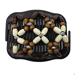 Beige Plastic Hair Bun Maker, Stretch Double Hair Comb, with Wood Beads and Metal Findings, Beige, 80x105mm