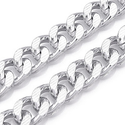 Silver Aluminum Textured Curb Chains, Diamond Cut Cuban Link Chains, Unwelded, Silver, 16.5x12.5x3.5mm