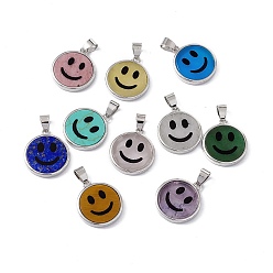 Mixed Stone Natural & Synthetic Mixed Gemstone Pendants, Flat Round with Smiling Face Charms, with Rack Plating Platinum Tone Brass Findings, Cadmium Free & Lead Free, Mixed Dyed and Undyed, 21x18.5x3mm, Hole: 4x6mm