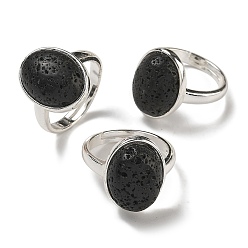 Лавовый камень Овальные регулируемые кольца из натурального лавового камня, без свинца и без кадмия, посеребренные латунные перстни для женщин и мужчин, овальный : 18x14 mm, внутренний диаметр: 18 мм