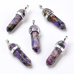Dark Violet Synthetic Regalite/Imperial Jasper/Sea Sediment Jasper Pointed Pendants, with Brass Findings, Dyed, Bullet, Silver, Dark Violet, 35~41x12.8x10mm, Hole: 3x4mm