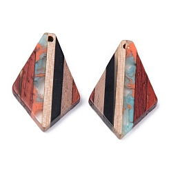 Colorful Resin & Walnut Wood Pendants, Rhombus, Colorful, 33x20x2~3mm, Hole: 2mm