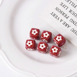 Red Opaque Printed Acrylic Beads, Cube with Flower Pattern, Red, 14x14x14mm, Hole: 3.3mm
