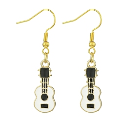 White Golden Alloy Enamel Dangle Earrings, Guitar, White, 43x9.5mm