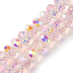 Misty Rose AB Color Plated Transparent Electroplate Beads Strands, Faceted, Round, Misty Rose, 7.5x6mm, Hole: 1mm, about 80~83pcs/strand, 18.31~19.88''(46.5~50.5cm)