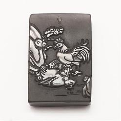 Obsidian Natural Obsidian Pendants, Carved, Rectangle with Rooster, 42.5x28.5x9mm, Hole: 2mm