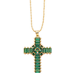 Dark Green Brass Micro Pave Cubic Zirconia Pendant Necklaces, Cross, Dark Green, 16.54 inch(42cm)