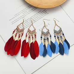 Mulan E0012-6 Bohemian Feather Tassel Earrings with V-shape Design for Vintage Ethnic Style
