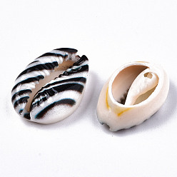 Черный Набивные бусины из натуральных ракушек каури, нет отверстий / незавершенного, с Зебра-полосой шаблон, чёрные, 18~22x13~14x6~8 мм