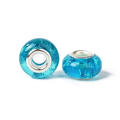 Deep Sky Blue Rondelle Resin European Beads, Large Hole Beads, with Glitter Powder and Platinum Tone Brass Double Cores, Deep Sky Blue, 13.5x8mm, Hole: 5mm