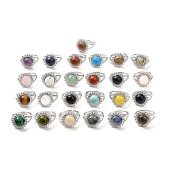 Mixed Stone Natural & Synthetic Gemstone Adjustable Rings, Platinum Tone Flower Brass Rhinestone Rings for Women, Cadmium Free & Lead Free, US Size 8(18.1mm), 2.5~8mm