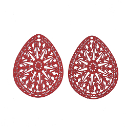 Red 430 Stainless Steel Filigree Pendants, Spray Painted, Etched Metal Embellishments, Teardrop, Red, 39x28x0.5mm, Hole: 1.5mm