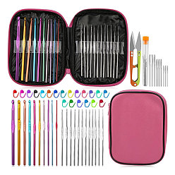 Cerise Sewing Tool Sets, including Stainless Steel Scissor, Needle Threaders, Sewing Seam Rippers, Head Pins, Safety Pin, Zipper Storage Bag, Cerise, 180x135x30mm