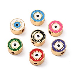 Mixed Color Real 18K Gold Plated Brass Beads, with Enamel, Long-Lasting Plated, Flat Round with Evil Eye, Mixed Color, 11.5x6mm, Hole: 2.5mm