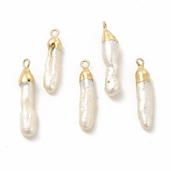 Light Gold Baroque Natural Keshi Pearl Pendants, Column Charms, with Brass Loops, Light Gold, 24~29x5~7x4~7mm, Hole: 1.5~2mm