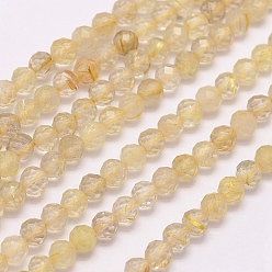 Rutilated Quartz Natural Gold Rutilated Quartz Beads Strands, Faceted, Round, 4mm, Hole: 0.5mm, about 100pcs/strand, 14.9 inch(38cm)