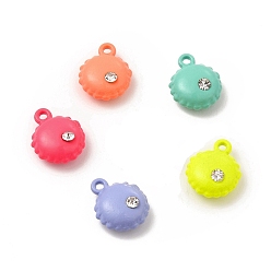 Mixed Color Spray Painted Alloy Pendants, with Rhinestone, Flat Round Charm, Mixed Color, 12x9.5x4.5mm, Hole: 1.2mm