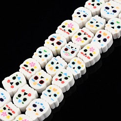 White Handmade Polymer Clay Beads Strands, Skull, Colorful, 8.5~12x8.5~10.5x4~5mm, Hole: 1.4~1.6mm, about 40pcs/strand, 15.75 inch(40cm)