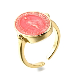 Светло-Коралловый Латунные эмалевые регулируемые манжеты, овал с медалью «Женщина с чудотворением», без свинца и без кадмия, стойки покрытие, долговечный, реальный 18 k позолоченный, свет коралловый, овальный : 17.5x13.5 mm, внутренний диаметр: регулируемый