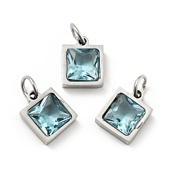 Pale Turquoise 304 Stainless Steel Pendants, with Cubic Zirconia and Jump Rings, Single Stone Charms, Square, Stainless Steel Color, Pale Turquoise, 9.5x8x3.5mm, Hole: 3.4mm