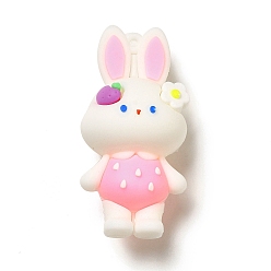 Pink PVC Plastic Big Pendants, Rabbit with Strawberry & Flower Charm, Pink, 63.5x31x24mm, Hole: 2.7mm