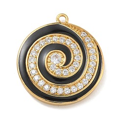 Черный Стойка покрытие латунь микропаве прозрачный кубический цирконий с эмалевыми подвесками, долговечный, без свинца и без кадмия, реальный 18 k позолоченный, плоские круглые с вихревыми узором, чёрные, 27x24x5 мм, отверстие : 1.8 мм