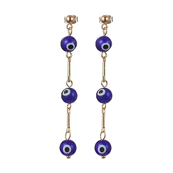 Midnight Blue Evil Eye Lampwork Dangle Stud Earrings, Golden 304 Stainless Steel Tassel Earrings, Midnight Blue, 66~67x7.5~8mm