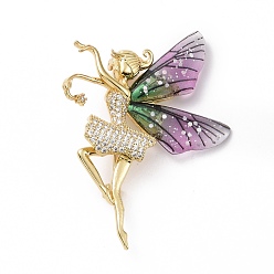 Violet Resin Fairy Lapel Pin with Clear Cubic Zirconia, Real 18K Gold Plated Brass Badge with Loop for Jewelry Pendant, Cadmium Free & Lead Free, Violet, 38x53x6.5mm