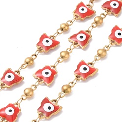 Red Ion Plating(IP) Enamel Butterfly with Evil Eye Link Chains, with Gold Plated 304 Stainless Steel Findings, Unwelded, with Spool, Red, 10x8.5x2mm, 8.5x4x3.5mm