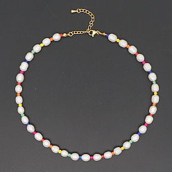 ZZ-N200034A Bohemian Beach Style Natural Freshwater Pearl Rainbow Rice Bead Necklace - Women