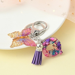 Letter Q Resin Letter & Acrylic Butterfly Charms Keychain, Tassel Pendant Keychain with Alloy Keychain Clasp, Letter Q, 9cm