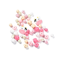 Mixed Color Round/Polygon/Cow Head Food Grade Eco-Friendly Silicone Focal Beads, Chewing Beads For Teethers, DIY Nursing Necklaces Making, Mixed Color, 12~29x12~31x4~12mm, Hole: 2.5mm, 50pcs/bag