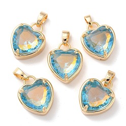 Aquamarine K9 Glass Pendants, with Golden Tone Brass Findings, Faceted, Heart Charms, Aquamarine, 18x15x7.7mm, Hole: 5x3mm