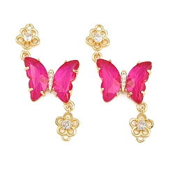 Deep Pink Brass Micro Pave Cubic Zirconia Connector Charms, Butterfly with Flower Links, with Glass, Lead Free & Cadmium Free, Long-Lasting Plated, Rack Plating, Real 18K Gold Plated, Deep Pink, 46x21x4mm, Hole: 1.4mm