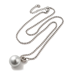 Stainless Steel Color Natural Pearl Round Pendant Necklace with 304 Stainless Steel Ball Chains, Stainless Steel Color, 20.08 inch(51cm)