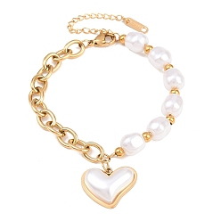 Золотой Браслеты с подвесками в виде сердца 304 из нержавеющей стали и пластика с имитацией жемчуга, цепочные браслеты для женщин, золотые, 6.69 дюйм (17 см)