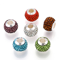 Mixed Color Handmade Polymer Clay Rhinestone European Beads, with Silver Tone CCB Plastic Double Cores, Large Hole Beads, Rondelle, Mixed Color, 12.5~13x10mm, Hole: 4.5mm